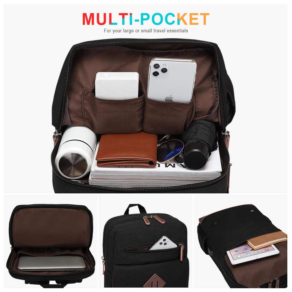 Canvas Backpack for Men Women, Vintage Rucksack Fits Most 15.6 Inch Laptop, Bookbag with USB Charging Port, Brown