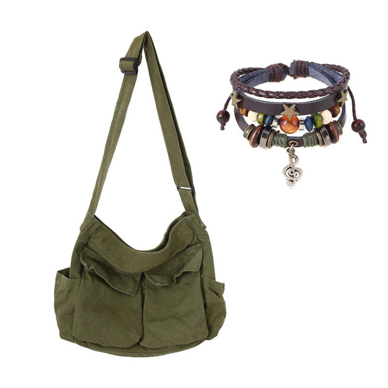 Canvas Messenger Bag for Women and Men, Grunge Bag with Fairy Grunge Bracelet, Hippie Crossbody Shoulder Bag for Women with Leather Beaded Bracelets Fairy Grunge Clothes Accessories (Military Green)
