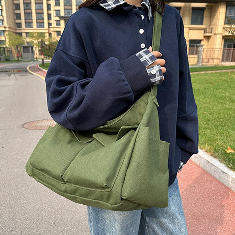 Canvas Messenger Bag Large Crossbody Bag with Multiple Pockets Canvas Shoulder Tote Bag for Women and Men (Army Green)