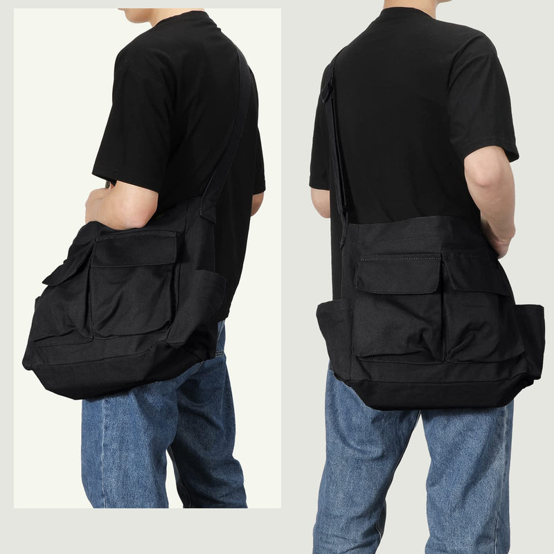 Canvas Messenger Bag Large Hobo Crossbody Bags with Multiple Pockets,School Vintage Shoulder Laptop Bag for Women and Men - Black
