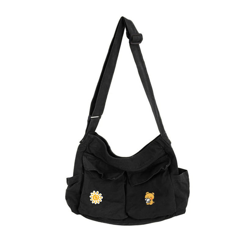 Canvas Messenger Bag Large Hobo Crossbody Bags with Multiple Pockets,School Vintage Shoulder Laptop Bag for Women and Men - Black
