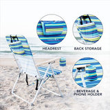 CARIBBEAN JOE Folding Beach Chair, 4 Position Portable Backpack Foldable Camping Chair with Headrest, Cup Holder, and Wooden Armrests (Blue, Lime Stripe, 300lbs Capacity)