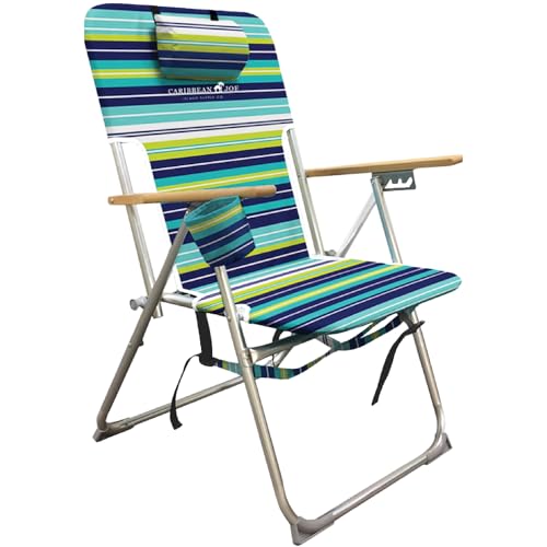 CARIBBEAN JOE Folding Beach Chair, 4 Position Portable Backpack Foldable Camping Chair with Headrest, Cup Holder, and Wooden Armrests | Backpacks4Less