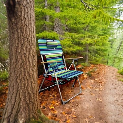 CARIBBEAN JOE Folding Beach Chair, 4 Position Portable Backpack Foldable Camping Chair with Headrest, Cup Holder, and Wooden Armrests (Blue, Lime Stripe, 300lbs Capacity)