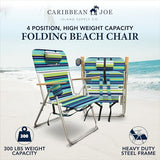 CARIBBEAN JOE Folding Beach Chair, 4 Position Portable Backpack Foldable Camping Chair with Headrest, Cup Holder, and Wooden Armrests (Blue, Lime Stripe, 300lbs Capacity)