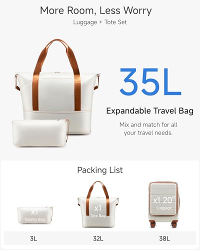 Carry On Luggage 22 x 14 x 9 Airline Approved, H1F Front Pocket Hardside Suitcase with Spinner Wheels, TSA Lock, Includes Tote Bag (FX-Lite, Beige, 3 Piece Sets)