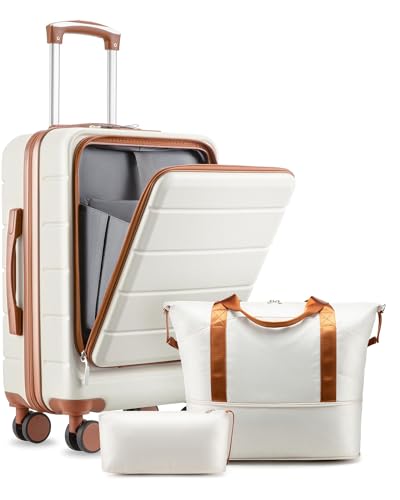 Carry On Luggage 22 x 14 x 9 Airline Approved, H1F Front Pocket Hardside Suitcase with Spinner Wheels, TSA Lock, Includes Tote Bag (FX-Lite, Beige, 3 Piece Sets)
