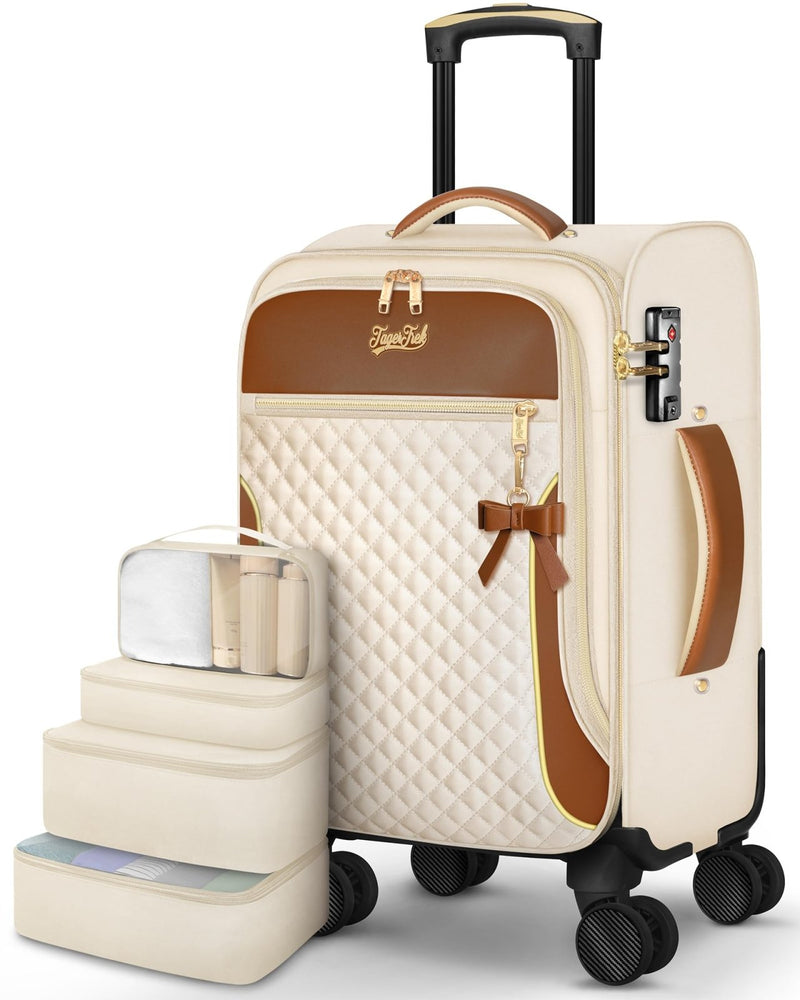 Carry On Luggage 22x14x9 Airline Approved, 20 Inch Softside Suitcase with 4 Pcs, Lightweight Luggage for Women with TSA Lock and 4 Spinner Wheels, Soft Side Carry - on Suitcases for Travel, Beige