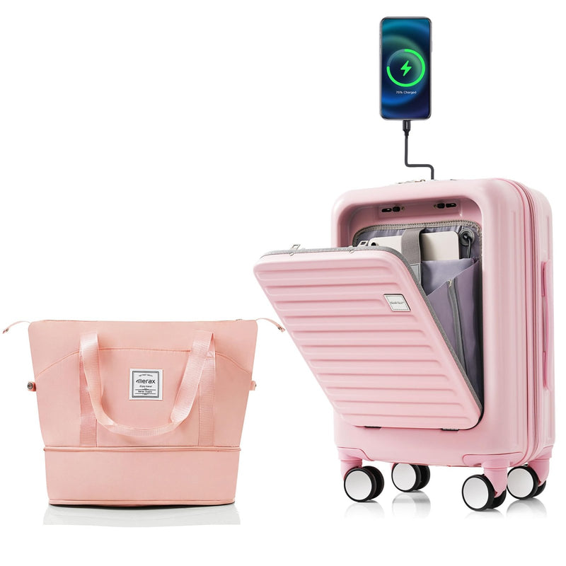 Carry - On Luggage with Cup Holder and USB Port with Cosmetic Carry On Bag and TSA