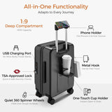 CASELLY Carry On Luggage Top Opening with Cup Holder & Phone Holder, Expandable PC Hard Shell Suitcase, USB Charging Port, Side Hook, 360° Spinner Wheels, TSA Lock & YKK Zippers for Women Man Gifts