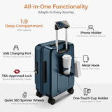 CASELLY Carry On Luggage Top Opening with Cup Holder & Phone Holder, Expandable PC Hard Shell Suitcase, USB Charging Port, Side Hook, 360° Spinner Wheels, TSA Lock & YKK Zippers for Women Man Gifts