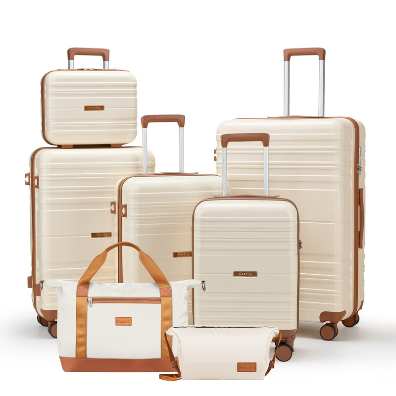 CASELLY Luggage Sets with spinner wheels, PC+ABS Hard Shell Travel Luggage,Lightweight Carry - on suitcases with TSA Lock,YKK Zippers (Beige, 7 piece sets（14/18/20/24/28/DB/TB）)
