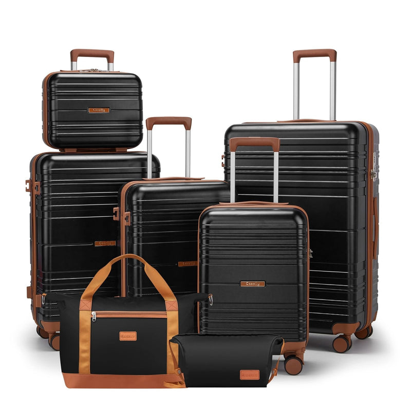 CASELLY Luggage Sets with spinner wheels, PC+ABS Hard Shell Travel Luggage,Lightweight Carry - on suitcases with TSA Lock,YKK Zippers (Black, 7 piece sets（14/18/20/24/28/DB/TB）)