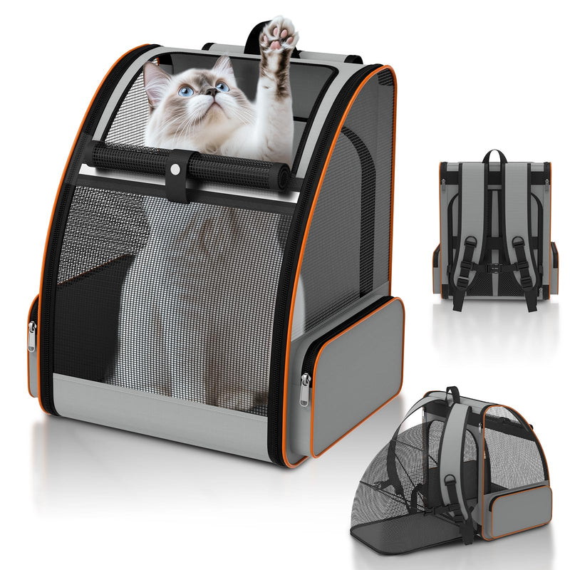 Cat Backpack Carrier Expandable for Outdoor - Foldable Cat Backpack with Breathable Mesh for Small Dog Puppy Kitten Up to 15 lbs - Soft - Sided Pet Carrier for Travel Hiking Camping (Gray)