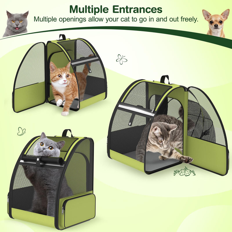 Cat Backpack Carrier for Travel Hiking: Expandable Foldable Breathable Mesh Soft Sided Ergonomic Design Small Dog Puppy Kitty up to 15lbs Camping Outdoor Green