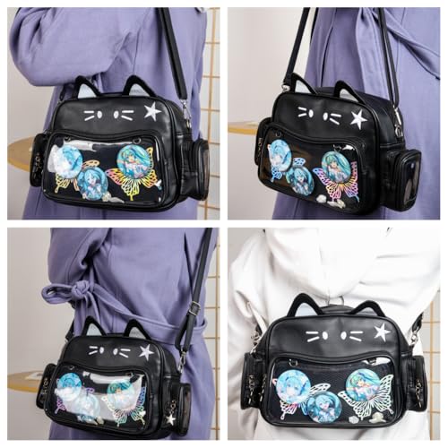 Cat Ita Bag Pin Display Kawaii Backpack for School PU Shoulder Crossbody Bag for Girls Y2k Purse with Insert (Small-black)