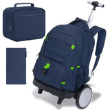CCJPX 3Pcs Men & Boys Rolling Backpack with Bigger Wheels, Extra-Large Wheeled Bookbag with Lunch Box, Water Resistant Roller Luggage for Travel, Work, College (Blue)