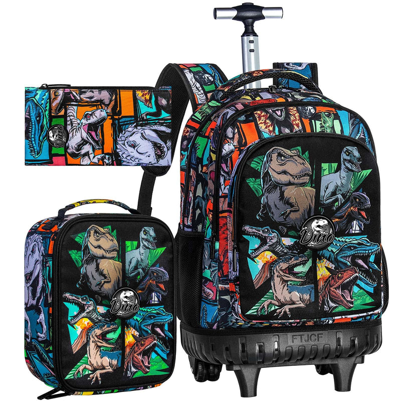 CCJPX 3PCS Rolling Backpack for Boys, 21 Inch Water Resistant Dinosaur Backpacks with Roller Wheels, Wheeled Bookbag for Teens Elementary School Travel - Brown
