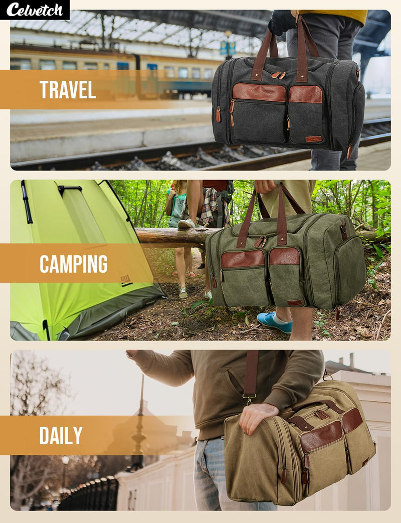Celvetch Canvas Duffle Bag for Travel 50L Expandable Travel Duffel Bags for Men Women Overnight Weekend Gym Bag with Shoes Compartment - Dark Grey