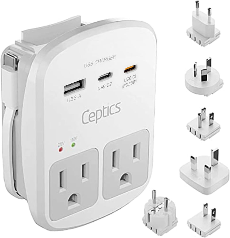 Ceptics 35W Universal Travel Adapter Kit – 2 USA sockets, USB - A, USBC, 1x PD 35W USB - C and USBC Cable, Surge Protected, Plugs for EU, UK, China, AU, Japan - for Laptop, Phone, Camera - ETL Tested