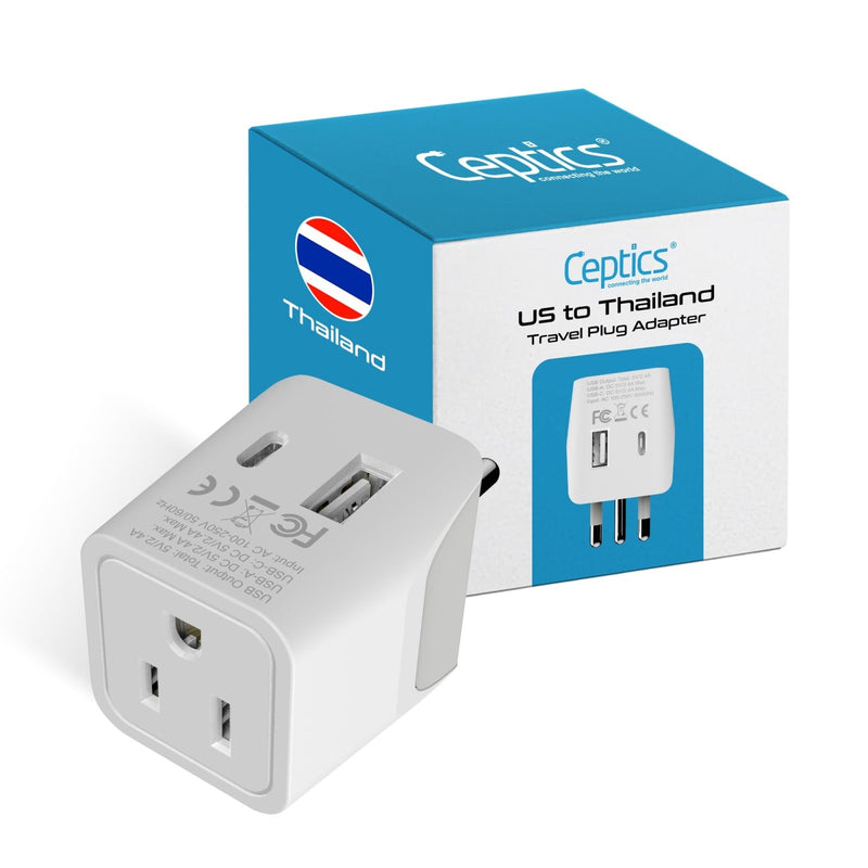 Ceptics Thailand Travel Plug Adapter – Type O Power Adapter with USB - C & A + USA Input – Ultra Compact,3 - in - 1 Safe Grounded Adapter Plug for Thailand