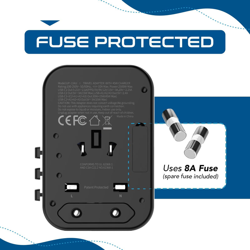 Ceptics Universal Travel Adapter, 45W International Power Adapter with PD & QC 3.0 Dual USB - C, 3 USB Travel Adapter Worldwide, Type I C G A Outlets 110V 220V A/C - EU Euro US UK (11 - KU)