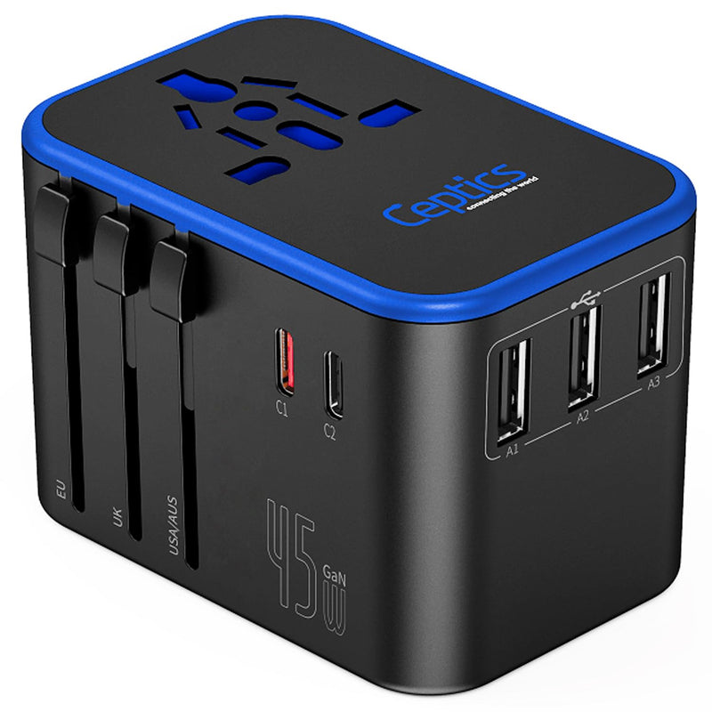 Ceptics Universal Travel Adapter, 45W International Power Adapter with PD & QC 3.0 Dual USB - C, 3 USB Travel Adapter Worldwide, Type I C G A Outlets 110V 220V A/C - EU Euro US UK (11 - KU)