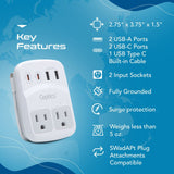 Ceptics World Travel Adapter Kit 2 USB - A, USB - C US Outlets, 20W/QC 18W Power Delivery, Surge Protection, SWADAPT Compatible for Europe, UK, China, Australia, Japan Perfect Laptop (WPS - 5B)