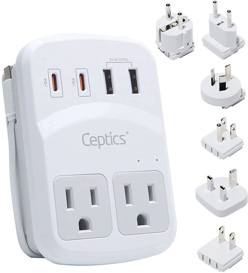Ceptics World Travel Adapter Kit 2 USB - A, USB - C US Outlets, 20W/QC 18W Power Delivery, Surge Protection, SWADAPT Compatible for Europe, UK, China, Australia, Japan Perfect Laptop (WPS - 5B)