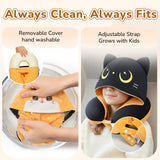 Certified to ASTM & CPSIA Standards–Kids Travel Neck Pillow with Hood,Memory Foam Airplane Pillow,Double - Sided, Cute Design, Cooling Ice Silk & Soft Plush, Adjustable, Portable & Washable for Flights