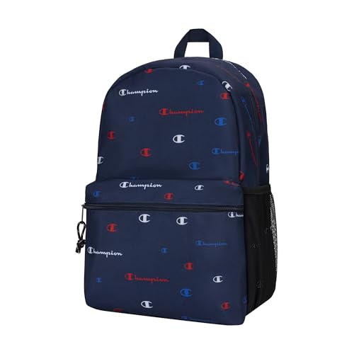 Champion Kids' Merit Backpack with Padded Straps, Water Bottle Pocket and Laptop Compartment for Daily Use, Navy/Champion Red, One Size
