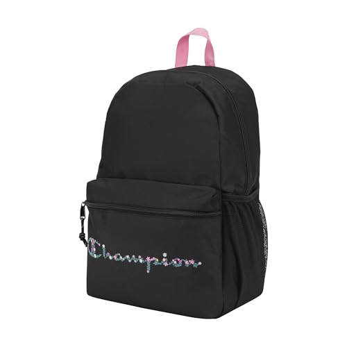 Champion Kids' Merit Backpack with Padded Straps, Water Bottle Pocket and Laptop Compartment for Daily Use, Pink/Black, One Size
