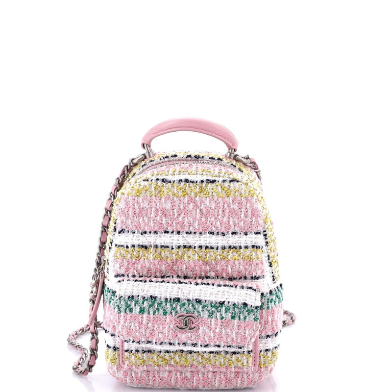 Chanel, Pre - Loved Classic CC Chain Pocket Backpack Quilted Tweed Mini, Multicolor