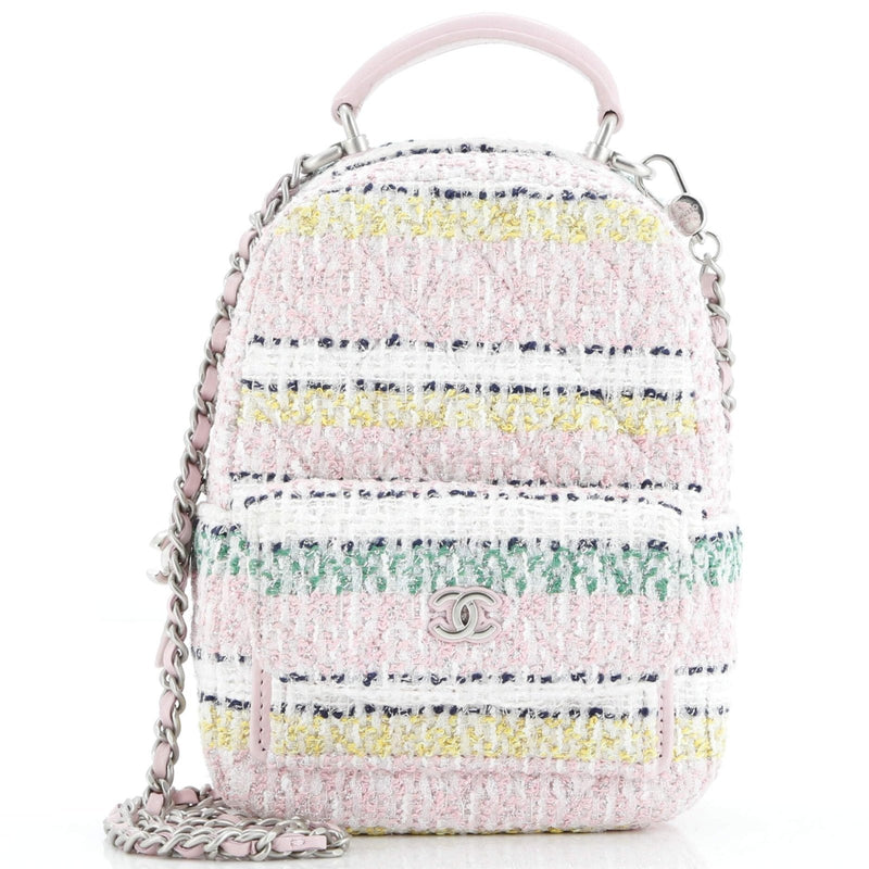 Chanel, Pre - Loved Classic CC Chain Pocket Backpack Quilted Tweed Mini, Pink