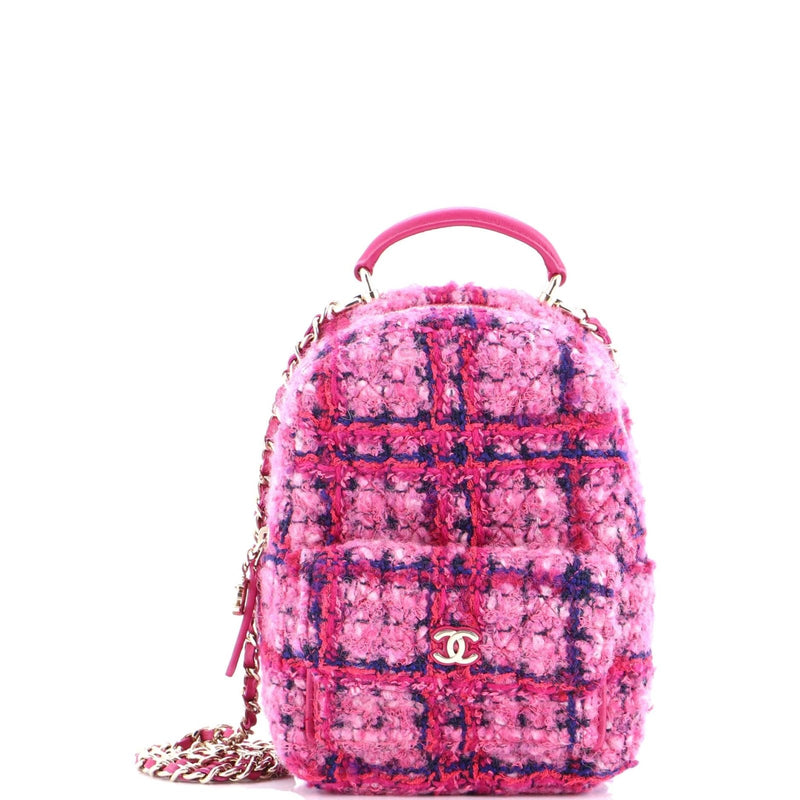 Chanel, Pre - Loved Classic CC Chain Pocket Backpack Quilted Tweed Mini, Pink