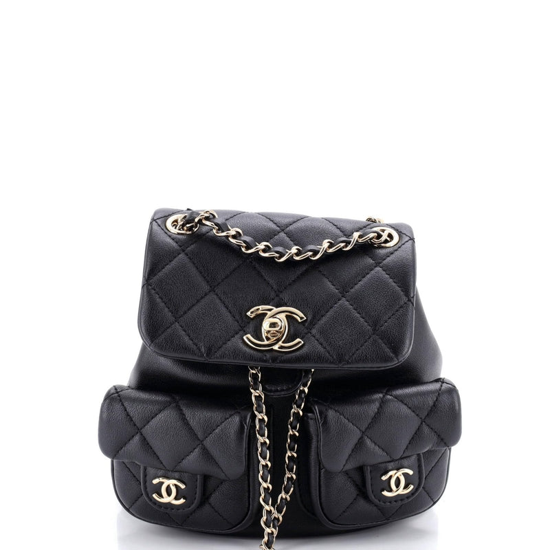 Chanel, Pre - Loved Duma Pockets Drawstring Backpack Quilted Calfskin Small, Black