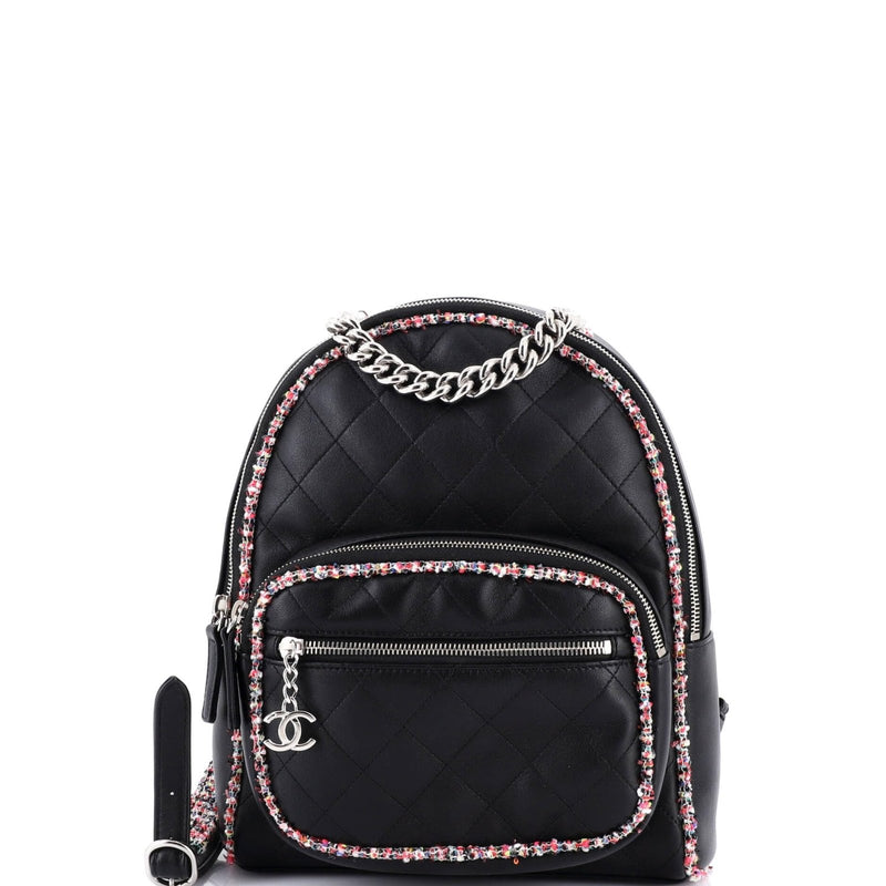 Chanel, Pre - Loved Elegant Trim Backpack Quilted Leather with Tweed Small, Black