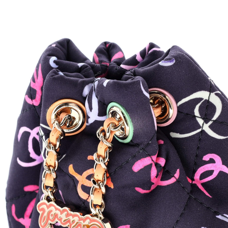 Chanel, Pre - Loved Logo Drawstring CC Bucket Backpack Quilted CC Printed Fabric Small, Blue