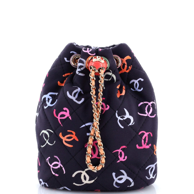 Chanel, Pre - Loved Logo Drawstring CC Bucket Backpack Quilted CC Printed Fabric Small, Blue