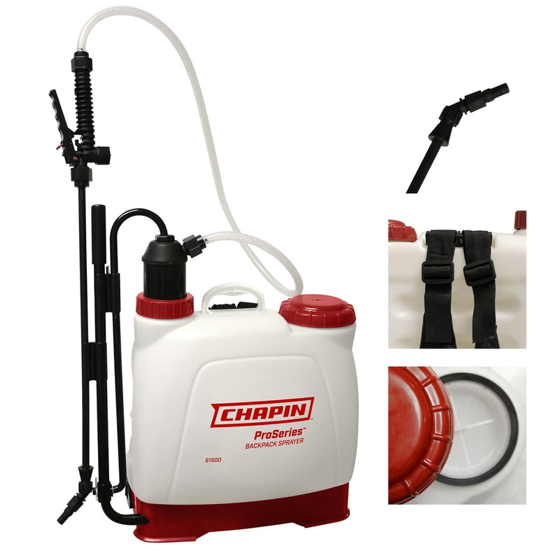 Chapin 61500 4 - Gallon Made in USA Euro Style Backpack Sprayer with Poly Fan/Cone Nozzles, Cushion Grip Shut - Off, Padded Adjustable Straps, 2 - Stage Filtration System, Translucent White