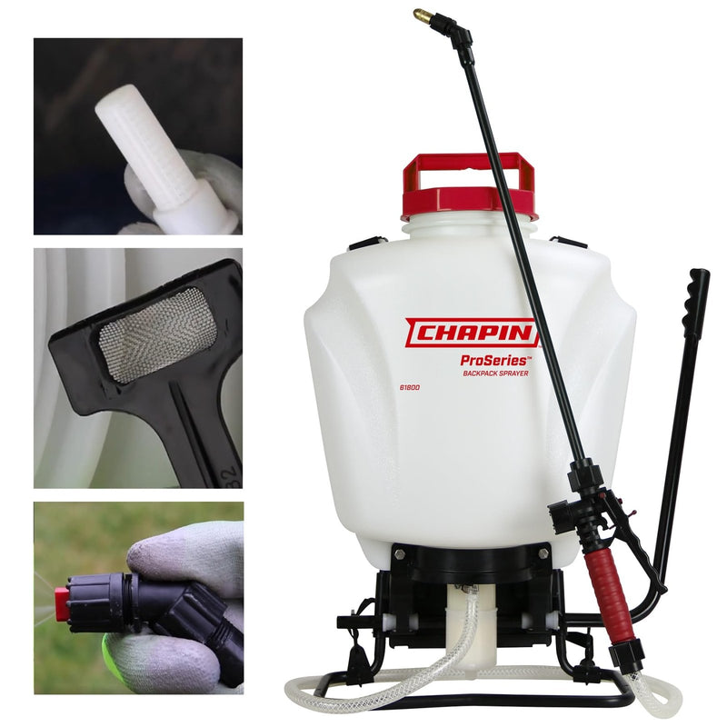 Chapin 61800 Backpack Sprayer, 4‑Gallon ProSeries, Translucent Poly Tank, 3‑Stage Filtration, Adjustable Brass & Poly Nozzles, 20" Wand, 48" Hose for Lawn & Garden Weed, Pest, Fertilizer Applications