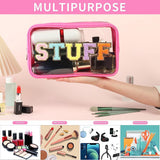 Chenille Letters Makeup Bag - Clear Glitter Preppy Patch Stuff Cosmetic Bag for Travel, Beach, Valentines Day Gifts (8.66*5.31*3.15 inch, Black)