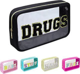 Chenille Letters Makeup Bag - Clear Glitter Preppy Patch Stuff Cosmetic Bag for Travel, Beach, Valentines Day Gifts (8.66*5.31*3.15 inch, Black)