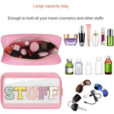 Chenille Letters Makeup Bag - Clear Glitter Preppy Patch Stuff Cosmetic Bag for Travel, Beach, Valentines Day Gifts (8.66*5.31*3.15 inch, Black)