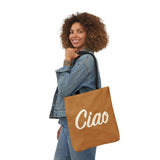 Ciao Canvas Tote Bag – Minimalist Italian Greeting Bag, Warm Brown Reusable Cotton Shopper, Chic Everyday Gift for Her or Him