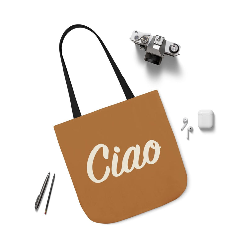 Ciao Canvas Tote Bag – Minimalist Italian Greeting Bag, Warm Brown Reusable Cotton Shopper, Chic Everyday Gift for Her or Him