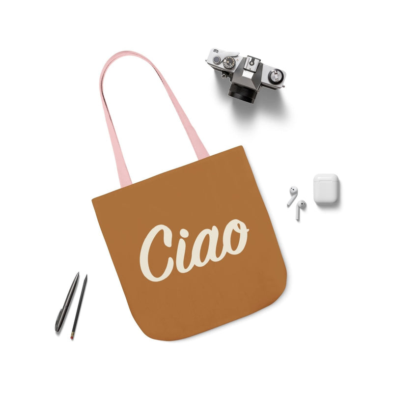 Ciao Canvas Tote Bag – Minimalist Italian Greeting Bag, Warm Brown Reusable Cotton Shopper, Chic Everyday Gift for Her or Him