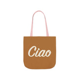Ciao Canvas Tote Bag – Minimalist Italian Greeting Bag, Warm Brown Reusable Cotton Shopper, Chic Everyday Gift for Her or Him