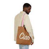 Ciao Canvas Tote Bag – Minimalist Italian Greeting Bag, Warm Brown Reusable Cotton Shopper, Chic Everyday Gift for Her or Him
