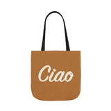Ciao Canvas Tote Bag – Minimalist Italian Greeting Bag, Warm Brown Reusable Cotton Shopper, Chic Everyday Gift for Her or Him